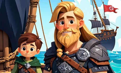 Um jovem viking chamado Eirik, com cerca de 16 anos, está orgulhoso e determinado no convés de seu drakkar. Ele tem cabelos loiros e longos, uma barba leve, e usa uma túnica de couro adornada com padrões nórdicos. Seu rosto expressa bravura e excitação, com olhos brilhantes de curiosidade. Ao seu lado, seu amigo Leif, um garoto de 15 anos com cabelos castanhos e curtos, observa o horizonte com um sorriso encorajador, pronto para ajudá-lo em sua aventura. O drakkar navega em águas tumultuosas, cercado por ondas altas e um céu cinzento tempestuoso, enquanto relâmpagos iluminam o horizonte. Ao fundo, montanhas cobertas de neve se erguem majestosas, adicionando um toque de mistério à cena. A situação principal mostra Eirik segurando firmemente o leme, desafiando os elementos com coragem, pronto para enfrentar os desafios que o aguardam, enquanto Leif o encoraja entusiasticamente.