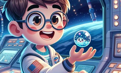 Lucas, un niño de 12 años con el cabello castaño desordenado y gafas redondas, flota alegremente en la Estación Espacial Internacional, con una gran sonrisa que ilumina su rostro asombrado. Lleva un traje de astronauta blanco y azul, con una bandera en el pecho, y sostiene una pequeña esfera de agua que flota a su alrededor. A su lado, Javier, un hombre de unos treinta años con cabello negro y barba bien cuidada, observa atentamente la experiencia de Lucas. También lleva un traje de astronauta y sonríe con orgullo, cerca de una ventana que ofrece una vista espectacular de la Tierra. La escena se desarrolla en el interior de la Estación Espacial Internacional, un laboratorio futurista lleno de paneles de control y luces parpadeantes. La situación principal muestra a Lucas y Javier realizando un fascinante experimento sobre cómo se comporta el agua en ingravidez, con burbujas de agua flotando a su alrededor, creando una atmósfera mágica y científica.