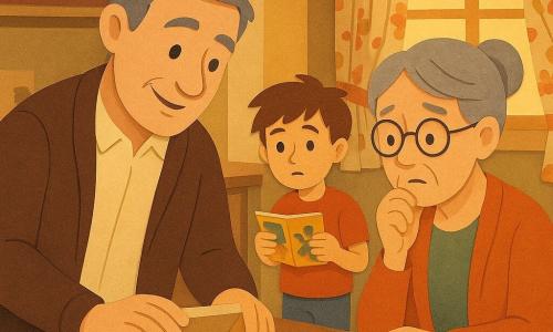 A middle-aged man, Mr. Park, with graying hair and a kind smile, is carefully examining a small empty box on a wooden table. Next to him, a woman in her sixties, Mrs. Gomez, with round glasses and gray hair in a bun, watches with a worried expression. A little further away, a 10-year-old boy, Sam, with tousled brown hair and muddy sneakers, holds a comic book in his hands. They are in a cozy kitchen with floral-patterned curtains and soft light filtering through the window. The main situation shows Mr. Park and Mrs. Gomez discovering that the golden acorn-shaped trophy has disappeared from the box, prompting them to solve this mystery together.