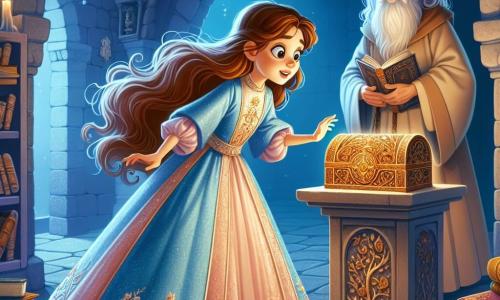 A princess named Elara, around 12 years old, stands in the center of a mysterious room, her eyes shining with wonder and curiosity. She wears a sky-blue satin dress adorned with delicate golden embroidery, and her long chestnut hair floats around her like rays of sunshine. She leans forward, fascinated by a carved wooden box on a pedestal. Beside her is a wise man, about 70 years old, with a long white beard and sparkling eyes. He watches Elara with a kind smile, dressed in a beige monk's robe, holding an old book. The room is lit by a soft blue light, with stone walls adorned with magical symbols and shelves filled with ancient books. Delicate cobwebs hang in the corners, adding a touch of mystery to the atmosphere. The main scene shows Elara discovering the enchanted box, full of excitement and anticipation, ready to unveil secrets that could change her fate and that of her kingdom.