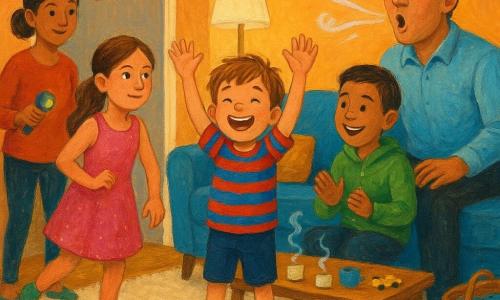 An enthusiastic proud 8-year-old boy with tousled light brown hair and laughing eyes in a blue-and-red striped tee and colorful socks stands on a soft cream rug conducting a song with his hands raised; his older sister (~11) with long tied hair in a pink sequin dress gives a half-amused, half-exasperated smile and takes a small dance step to his left; his older brother (~9) with short brown hair in a green sweatshirt sits on the right sofa tapping a cushion like a drum; the father in his forties in a casual shirt makes a big 