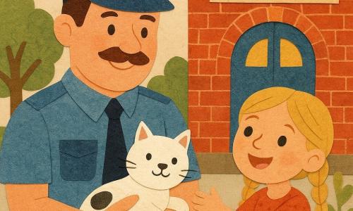 Een politieagent, een man van middelbare leeftijd met een glimlachende snor, draagt een blauw uniform en een pet. Hij houdt een kleine witte kat met een zwarte vlek op de neus in zijn armen en toont een vriendelijke blik. Een meisje van 8 jaar met blonde vlechten en sprankelende ogen staat naast hem, met uitgestrekte armen naar de kat en een blije uitdrukking. Ze staan voor een kleurrijk politiebureau met rode bakstenen muren en een grote blauwe deur. De scène speelt zich af op een zonnige dag, met groene bomen en kleurrijke bloemen rondom het gebouw.