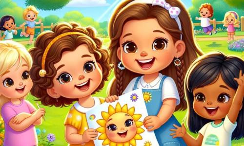Em um parque ensolarado, quatro meninas de cinco anos estão juntas, radiantes de alegria. **Lola** é uma menina de cabelos castanhos e cacheados, vestindo um vestido amarelo com estampas de sóis. Ela sorri amplamente, segurando uma folha de desenho nas mãos, mostrando orgulhosamente sua obra. **Ana**, com seus cabelos loiros trançados e uma blusa rosa, está ao lado de Lola, incentivando-a com um grande sorriso. **Bia**, com cabelos castanhos e lisos, usa uma camiseta azul e shorts. Ela pula de alegria, com os braços levantados, cheia de energia e entusiasmo. **Clara**, uma nova amiga de cabelos negros e lisos, vestida com um vestido verde, olha admirada o desenho de Lola, com um sorriso tímido no rosto. O parque está repleto de flores coloridas, árvores verdejantes e um céu azul brilhante. Ao longe, crianças brincam e riem, criando uma atmosfera alegre e acolhedora. A cena principal mostra Lola, cercada de suas amigas, ganhando confiança enquanto apresenta seu desenho, um grande sol sorridente, a Clara, que se sente feliz por fazer parte desse grupo amigável.