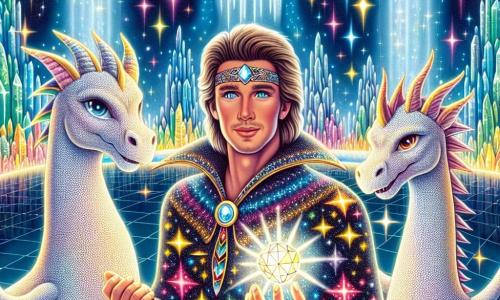 In the center of the image, Captain Sparkle, a man with hair shining like stars, wears a sparkling helmet and a multicolored cape reflecting the light of galaxies. His face radiates determination and excitement as he holds the Gem of Harmony, a precious stone emitting a soft golden glow. Beside him are two majestic starry dragons with scales sparkling like diamonds. The first dragon, with bright eyes and a kind expression, looks at Captain Sparkle with respect, while the second, slightly larger dragon spreads its wings to display its power. In the background, the Crystal Cavern stretches out, its walls shimmering with thousands of colorful crystals capturing the gem's light, creating an enchanting spectacle. Sparkling stalactites hang from the ceiling, and the ground is covered in stardust, enhancing the magical atmosphere. The main scene shows Captain Sparkle, with a triumphant smile, raising the Gem of Harmony towards the sky, while the dragons gaze at him with admiration, symbolizing unity and peace restored in the universe.