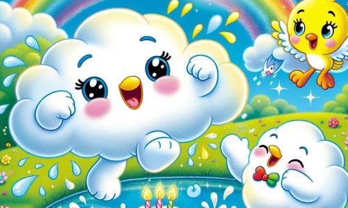 Cumulina, a small fluffy white cloud, joyfully floats in the blue sky with a big smile on her face. She dances and makes little rain splashes, showing her excitement for her birthday. Next to her, Ray, a bright rainbow with vivid colors, shines with happiness, undulating in the air and seemingly applauding to celebrate Cumulina's birthday. Tweet, a small bird with yellow and blue feathers, flies around them, singing happily while holding a small piece of cake in his paws. The scene takes place by a sparkling lake surrounded by colorful flowers and lush trees under a sunny sky. The lake reflects the bright colors of the sky and characters, creating a magical atmosphere. Cumulina, Ray, and Tweet share a delicious birthday cake, laughing and having fun together, surrounded by the beauty of nature, celebrating friendship and the joy of a birthday.