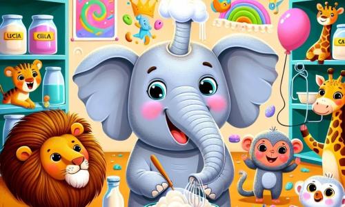 Un elefante llamado Ernesto, con piel gris y grandes orejas rosas, muestra una sonrisa traviesa y ojos brillantes de emoción. Se encuentra en el centro de la cocina del zoológico, rodeado de harina y crema, mezclando una masa para pastel con su trompa. A su lado, un león llamado Lucas, con una melena dorada brillante, observa atentamente la cocción de los pasteles, con una expresión concentrada en su rostro. Una jirafa llamada Julia, con su largo cuello manchado y grandes ojos curiosos, se inclina para verificar el horno, mientras que un pequeño mono llamado Max, con pelaje marrón y ojos traviesos, se divierte haciendo malabares con huevos. La cocina está llena de colores vivos, con estanterías repletas de frascos de ingredientes, utensilios brillantes y decoraciones festivas. La escena principal muestra a los animales en plena preparación de una gran fiesta sorpresa, riendo y divirtiéndose mientras crean deliciosos pasteles.