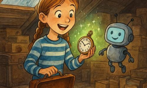 Una bambina di 10 anni, occhi luminosi e sorriso stupito, capelli castano chiaro in due trecce, con un maglione a righe blu e jeans, tiene una piccola valigia di cuoio aperta e guarda un vecchio orologio da tasca che scintilla; un piccolo robot-giocattolo chiamato Oto, grande quanto un filone, corpo in metallo grigio morbido con antenne e volto sorridente su uno schermo, esce dalla valigia e fluttua accanto a lei; sullo sfondo un vecchio baule di legno e scatole accatastate da cui spuntano bottoni, carte antiche e libri impolverati; la scena si svolge in una soffitta illuminata da una finestra-lucernario bagnata dalla pioggia, con raggi ovattati e polvere in sospensione su un tappeto consumato; momento magico: l'orologio a tre lancette emette stelle verdi e puntini luminosi che promettono un viaggio nel tempo, la bambina è meravigliata e tende la mano mentre il robot la guida.