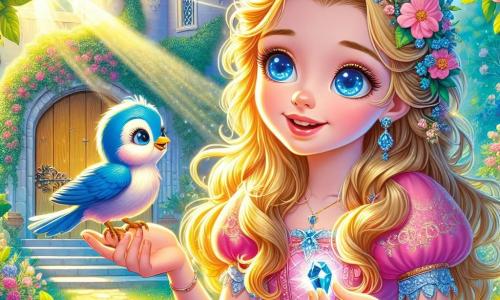 La principessa Sofia, una ragazza di circa 10 anni, ha capelli dorati che brillano come il sole e occhi blu pieni di curiosità. Indossa un vestito rosa adornato di fiori delicati e sorride meravigliata, tenendo in mano un cristallo blu scintillante. Accanto a lei, un piccolo uccello blu, con piume brillanti e occhi dolci, sembra parlarle, con le ali leggermente spiegate, come se fosse pronto a volare. Sullo sfondo, un maestoso giardino del castello si estende, pieno di fiori colorati, alberi verdi e una piccola porta di legno nascosta dietro le rose. La luce del sole filtra tra le foglie, creando un'atmosfera magica. Sofia scopre il giardino segreto e ascolta attentamente l'uccello che le confida il suo dolore per aver perso la nidiata. L'espressione di Sofia è piena di compassione e determinazione, pronta a usare il suo nuovo potere magico per aiutare il suo amico.