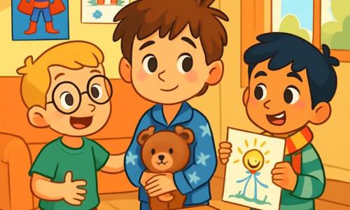 Ci sono 3 personaggi: - Nico: un ragazzo di 6 anni, con capelli castani disordinati e occhi scintillanti. Indossa un pigiama blu con stelle bianche e tiene un orsacchiotto tra le braccia. - Lapo: un ragazzo di 6 anni, con capelli biondi e occhiali tondi. Indossa una maglietta verde e un pantaloncino rosso. Sorride ampiamente e fa un gesto amichevole verso Nico. - Amir: un ragazzo di 6 anni, con capelli neri e occhi vivaci. Indossa una sciarpa colorata e un pigiama a righe. Tiene un disegno in mano, pronto a mostrarlo a Nico. I tre bambini si trovano nel soggiorno di Nico, decorato con poster colorati di supereroi e disegni infantili appesi al muro. Una luce soffusa filtra dalla finestra, illuminando la stanza e creando un'atmosfera accogliente. La scena principale mostra Nico, un po' stanco ma sorridente, circondato dai suoi amici Lapo e Amir. Stanno discutendo allegramente del loro "Piano della Sera Calma-Calma", con disegni e parole di incoraggiamento sparsi sul tavolo davanti a loro. I bambini si scambiano risate e gesti amichevoli, creando un'atmosfera di sostegno e amicizia.