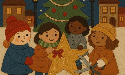 Ci sono quattro bambine di 3 anni: Emma, paffuta con guance rosa, berretto rosso con pon pon e cappotto blu, a sinistra che tiene l'estremità destra della grande stella dorata di carta; Sofia, sorridente con sciarpa verde a righe e stivaletti gialli, al centro avanti che applica un piccolo fiocco rosso sulla stella; Giulia, coi capelli ricci e berretto dorato scintillante e guanti bianchi, a destra che taglia un filo d'oro con grandi forbici di feltro; Marta, dagli occhi vivaci, con cappotto argento e pantofole rosse, dietro le altre che tiene la metà sinistra della stella e guarda la folla. Ambientazione: piazza del villaggio innevata di notte, grande albero decorato, case con finestre illuminate e lampioni in metallo brunito, terreno come feltro color neve e casette patchwork tutt'intorno. Situazione: le quattro bambine insieme posano la stella dorata in cima all'albero, ciascuna con una mano sulla stella; fili d'oro e paillettes cucite scintillano; atmosfera calda e gioiosa, sagome in applicato con cuciture visibili, bottoni per occhi e pezzi di tessuto lucido per i riflessi.
