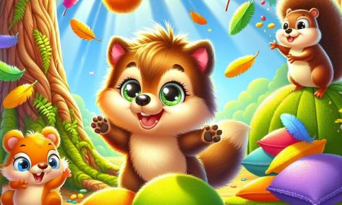 Un pequeño lobo de pelaje suave y sedoso, con ojos brillantes de curiosidad, está en el centro de la escena, sonriendo con entusiasmo. Está rodeado de cojines de musgo, plumas de colores y hojas de helecho, saltando alegremente para atrapar una nube de algodón que flota sobre él. A su derecha, un castor de pelaje marrón y brillante, con un aire divertido, sopla sobre una hoja de helecho, tratando de hacerla volar. A su izquierda, una pequeña ardilla con una cola esponjosa y ojos traviesos ríe mientras lanza una pluma al aire. El decorado es un claro del bosque soleado, con árboles de troncos torcidos y hojas verdes brillantes, mientras los rayos de luz atraviesan el follaje, iluminando la escena. La situación principal muestra al pequeño lobo y sus amigos en plena acción, intentando construir una torre de cosas suaves que se derrumba alegremente, creando una lluvia de colores y risas a su alrededor.