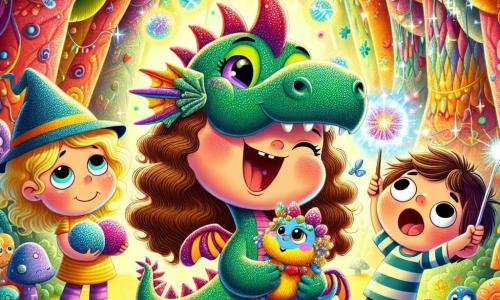 An 8-year-old girl, Lila, with long curly hair and a bright smile, stands at the center of the scene holding her plush dragon, Mr. Snuffles, who has shiny scales and sparkling eyes. She is full of joy and enthusiasm, ready to dance. To her right, Benny, a 9-year-old boy with messy hair and a striped t-shirt, awkwardly juggles blueberries, his eyes wide with concentration. To her left, Tilly, an 8-year-old girl with short colorful hair, tries to cast a spell with a wand that sparkles, looking a bit confused, which makes her even funnier. The setting is an enchanted forest filled with multicolored tree trunks and giant laughing flowers. Round, joyful goblins with oversized hats dance around them, while a starry sky shines above, illuminating the scene with a soft, magical light. The main situation shows Lila and her friends joyfully dancing with the Giggle Goblins, all laughing together in a festive atmosphere, celebrating friendship and the magic of joy.