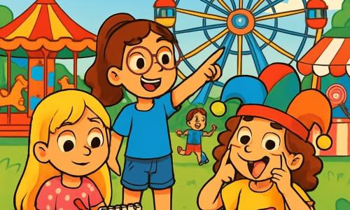 Ci sono 3 personaggi: - Bianca: una ragazza di 10 anni, con lunghi capelli biondi e occhi pieni di curiosità. Indossa un vestito rosa a pois e tiene un taccuino da disegno. È seduta sull'erba, con le gambe incrociate, mentre disegna. - Chiara: una ragazza di 10 anni, con capelli castani raccolti in una coda di cavallo e occhiali tondi. Indossa una maglietta blu e un pantaloncino di jeans. È in piedi, punta verso la ruota panoramica, con un grande sorriso sul viso. - Marta: una ragazza di 10 anni, con capelli ricci e un cappello da clown colorato. Indossa una maglietta gialla e pantaloni a righe. Sta facendo una smorfia, seduta accanto a Bianca, tenendo un sacchetto di caramelle. La scena si svolge in un parco divertimenti vivace, pieno di colori e luci scintillanti, con giostre colorate e bambini che ridono. Sullo sfondo, una maestosa ruota panoramica si erge nel cielo blu. Le tre amiche sono in avventura, ridendo e cercando indizi per una caccia al tesoro. Bianca è concentrata sul suo disegno, mentre Chiara indica un indizio nascosto vicino alla ruota panoramica. Marta, con il suo cappello da clown, fa una smorfia divertente, aggiungendo gioia alla scena.