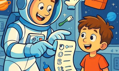 Un astronauta, Luca, sorridente ed entusiasta, indossa una tuta spaziale bianca brillante con tocchi di blu. Il casco è leggermente inclinato, rivelando un volto amichevole con occhi scintillanti di curiosità. Sta mostrando una lista di oggetti a un giovane ragazzo di otto anni, Pietro, che ha capelli castani disordinati e occhi spalancati d'incanto. Pietro, vestito con una maglietta rossa e pantaloni corti blu, guarda con fascino la lista, in piedi accanto a Luca. La scena si svolge in un'astronave futuristica, con pareti in metallo argentato e schermi luminosi che mostrano immagini di pianeti e stelle. Attrezzature fluttuano intorno a loro, creando un'atmosfera di scoperta e avventura. Luca spiega a Pietro come prepararsi per una missione spaziale, con oggetti fluttuanti intorno a loro, mentre stelle scintillanti si vedono attraverso una grande finestra dell'astronave.