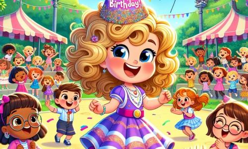 Lily, a six-year-old girl with curly blonde hair, is wearing a colorful party dress and a sparkling birthday hat. She joyfully dances at the center of the image, surrounded by her friends. To her right, Mia, another six-year-old girl with brown pigtails and round glasses, smiles while holding a piece of cake. Behind them, a group of children of various ages and genders, all dressed in colorful clothes, applaud and sing "Happy Birthday." The setting is an outdoor zoo, with animal enclosures visible in the background, such as elephants and giraffes. Colorful balloons float in the air, and a large party table is adorned with cakes, candies, and streamers. The main scene shows Lily and Mia dancing together, surrounded by their friends, joyfully celebrating Lily's birthday under a sunny blue sky, filled with laughter and radiant smiles.