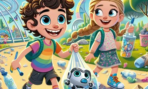 Um menino de 10 anos, Léo, com cabelos cacheados e um grande sorriso, está no centro da imagem, com os olhos brilhando de excitação. Ele usa uma camiseta colorida e um short, segurando uma bolsa cheia de resíduos recicláveis que acabou de coletar. Ao seu lado, Robi, seu pequeno robô-cão, tem olhos brilhantes e uma aparência amigável, cheirando uma garrafa plástica no chão. Um pouco mais adiante, Mia, uma menina de 9 anos com cabelos longos e trançados, sorri segurando uma bolsa semelhante, pronta para mostrar a Léo o que encontrou. Ela veste um vestido com estampas florais e tênis coloridos. A cena acontece no parque futurista de Lumiville, repleto de jardins exuberantes, esculturas de metal brilhante e robôs dançando ao redor, sob um céu azul com nuvens brancas. Léo e seus amigos participam de uma competição de reciclagem, coletando lixo para deixar sua cidade mais limpa e bonita, enquanto se divertem e aprendem sobre a importância da sustentabilidade.