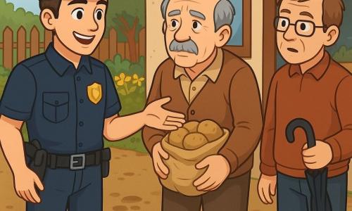 Mężczyzna policjant, Maks, stoi z ciepłym uśmiechem na twarzy. Ma na sobie granatowy mundur, błyszczący badge na piersi i pasek z narzędziami policyjnymi. Jego brązowe włosy są dobrze ułożone, a oczy pełne determinacji i życzliwości. Obok niego stoi starszy mężczyzna, pan Mirek, mający około 60 lat, lekko pochylony, trzymający torbę z ziemniakami. Ma siwe włosy i bujną wąs, a na twarzy widać wyraz zdezorientowania zmieszanego z niepokojem. Inny sąsiad, pan Andrzej, mający około 55 lat, stoi nieco z tyłu, trzymając parasol. Ma kasztanowe włosy i nosi okulary, wyrażając ciekawość. Scena rozgrywa się za małym sklepem osiedlowym, gdzie widać skrzynki z warzywami i kwitnący ogród w tle. Ziemia jest ubita, a małe drewniane ogrodzenie oddziela ogród od sklepu. Maks rozmawia z dwoma sąsiadami, próbując rozwiązać zagadkę znikających ziemniaków. Trzej mężczyźni są otoczeni śladami stóp w błocie, a atmosfera jest zarówno poważna, jak i przyjazna, z delikatnym napięciem, które stopniowo się rozprasza dzięki komunikacji.