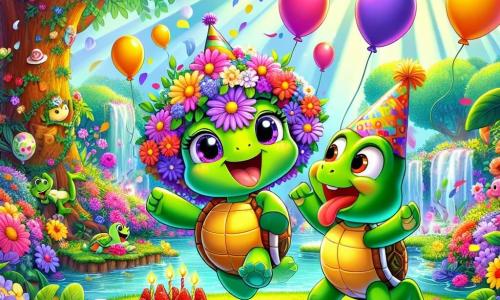Aninha, uma adorável tartaruga com um casco brilhante e olhos cheios de alegria, dança entusiasticamente em um jardim encantado, cercada por flores vibrantes e folhas verdes. Ela usa um pequeno chapéu de festa feito de pétalas e um grande sorriso, expressando imensa felicidade. Sapolino, o sapinho malabarista, está ao seu lado, pulando com um ar travesso, sua língua longa pronta para pegar um balão. Ele usa um pequeno chapéu de palha e tem olhos redondos cheios de malícia. O jardim está repleto de cores vivas: flores multicoloridas, balões flutuantes e guirlandas de folhas. Ao fundo, uma árvore majestosa oferece sombra, e raios de sol atravessam os galhos, criando uma atmosfera mágica. A cena principal mostra Aninha e Sapolino celebrando o aniversário de Aninha, cercados por amigos, com um grande bolo de morango na mesa, risadas e bolhas de sabão flutuando ao redor, capturando o espírito alegre e festivo deste dia especial.