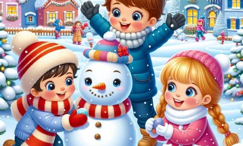 Drei fröhliche Kinder stehen in einer zauberhaften Winterlandschaft. Max, ein vierjähriger Junge mit zerzausten braunen Haaren, trägt einen blauen Overall und einen roten Schal. Er baut begeistert einen Schneemann und hebt die Arme. Neben ihm steht Mia, ein vierjähriges Mädchen mit langen, geflochtenen blonden Haaren, in einer niedlichen rosa Jacke und einer kleinen roten Mütze. Sie lächelt und hält eine Karotte für die Nase des Schneemanns. Leo, ein vierjähriger Junge mit braunen Haaren und runden Brillen, hockt und sammelt Steine für die Augen des Schneemanns, bekleidet mit einem blauen Mantel und einem gestreiften Schal. Die Umgebung ist ein wunderschönes Winterdorf mit bunten, schneebedeckten Häusern, majestätischen Bäumen und einem klaren blauen Himmel mit flauschigen Wolken. Die Kinder sind aktiv und bauen gemeinsam einen großen Schneemann, umgeben von Lachen und Freude, während sanfte Schneeflocken um sie herum fallen und eine magische, festliche Atmosphäre schaffen.