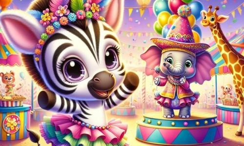 Mały zebra w czarno-białych paskach, z dużymi oczami błyszczącymi ciekawością, stoi w centrum sceny, skacząc z radości w kolorowym karnawale. Ma na sobie festiwalowy kapelusz ozdobiony kolorowymi piórami i naszyjnik z kwiatów, a jego twarz rozświetla szeroki uśmiech. Po jego prawej stronie wesoła żyrafa z długą, cętkowaną szyją, ubrana w różowy tutu i błyszczące okulary przeciwsłoneczne, tańczy z zapałem, jej oczy lśnią szczęściem. Po lewej stronie słoń z dużymi uszami, ubrany w kolorowy kostium klauna, żongluje balonami, mając rozbawioną minę. Miejsce to czarujący park, pełen kolorowych lampionów wiszących na drzewach, stoisk ze słodkościami i dziecięcych śmiechów unoszących się w powietrzu. Confetti fruwają wokół, tworząc magiczną i świąteczną atmosferę. Główna sytuacja pokazuje zebry, żyrafę i słonia w trakcie świętowania, otoczonych innymi radosnymi zwierzętami, które wspólnie tańczą, celebrując ducha karnawału i przyjaźni.