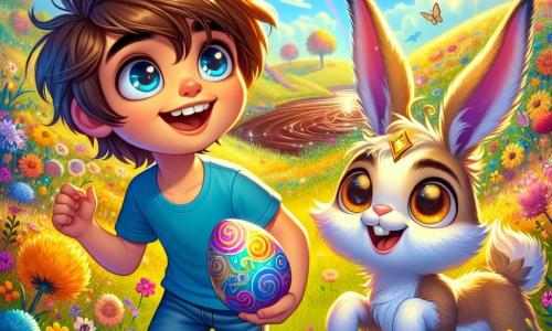 A 12-year-old boy, Oliver, with tousled brown hair and sparkling curious eyes, stands in the center of a beautiful sunny meadow, holding a colorful egg with swirling patterns. His face expresses radiant joy, and he wears a blue t-shirt and denim shorts. Next to him, Binky, a magical Bunnycorn with large ears and soft fur, sporting a golden glimmer on its forehead, happily hops, its eyes shining with excitement. The setting is an enchanted meadow filled with dancing flowers in vibrant colors, fluttering butterflies, and a bright blue sky, creating a fairy-tale atmosphere. In the distance, a chocolate stream sparkles in the sun, adding a touch of magic to the scene. The main situation shows Oliver and Binky on an adventure, ready to solve a riddle to discover hidden treasure, surrounded by the colorful beauty of nature and the excitement of an Easter egg hunt.