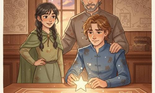 A young prince (about 16), with slightly wavy chestnut hair and a determined yet gentle expression, kneels at a polished dark wooden desk to place the final piece of a glowing star-shaped puzzle; Mira (about 14), with braided black hair, a mischievous smile and bright eyes, stands to his left in a simple moss-green cloak, hand on hip watching proudly; King Alderic (about 50), serious but softened with a short graying beard, stands behind them with a hand lightly on the prince’s shoulder, all witnessing the puzzle’s soft light trace a luminous map across the wood in a warm room of ochres, deep blues and pale golds, with old maps on the wall, a high window letting in twilight and a small open chest on the mantel, faces showing relief, pride and tenderness.