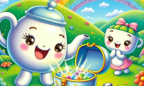 Tilly, a small shiny porcelain teapot with a sparkling spout and a joyful smile, stands atop a colorful hill, eyes wide with wonder as she discovers a treasure chest filled with sparkling gems. Beside her, Pip, a silver metal spoon, jumps for joy with sparkling eyes, while Lulu, a ceramic cup with floral patterns, claps enthusiastically, her cheeks rosy with happiness. The setting is a lush green hill dotted with vibrant flowers under a clear blue sky, with a bright rainbow majestically arching above them, illuminating the scene with magical light. The main scene shows Tilly, Pip, and Lulu discovering the treasure chest, surrounded by vivid colors and a joyful atmosphere, symbolizing adventure and friendship.