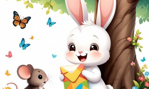 Un iepuraș pe nume Răzvan, cu blană albă ca zăpada și urechi mari, zâmbește fericit ținând o scrisoare colorată în lăbuțele din față. Ochii lui strălucesc de entuziasm sub un stejar mare, înconjurat de flori vibrante și fluturi. Lângă el, un șoricel pe nume Radu, cu blană brună și ochi rotunzi, o privește timid pe Lili, o veveriță cu blană aurie și coadă pufoasă, care zâmbește de pe o ramură. Radu, puțin nervos, ține o floare mică, pregătit să i-o ofere lui Lili. Locul este o pădure fermecată, luminată de raze de soare, cu copaci măreți și flori colorate. Răzvan, mesagerul vesel, îi dăruiește scrisoarea de dragoste lui Lili, în timp ce Radu, cu un amestec de emoție și nervozitate, se pregătește să-și mărturisească sentimentele, creând o atmosferă magică și plină de speranță pentru Ziua Îndrăgostiților.