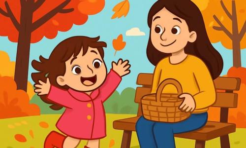 A 4-year-old girl with big bright eyes and a joyful smile is wearing a bright pink coat and red boots. She is jumping into a pile of autumn leaves, her brown hair flowing in the wind. Next to her, her mother, a smiling woman in her 30s with long brown hair, is sitting on a wooden bench holding a picnic basket. The park is filled with trees with vibrant red, orange, and yellow leaves gently falling to the ground. The sky is light blue, and the sun is shining softly, creating a warm atmosphere. The little girl laughs as she tries to catch a falling leaf, while her mother watches her tenderly, enjoying this magical autumn moment.