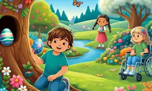 In een prachtige lentetuin zijn drie kinderen samengekomen voor een paaseierenjacht. Max, een tienjarige jongen met messy bruin haar en een blauwe t-shirt, zit geknield bij een boom en houdt een gekleurd ei in zijn handen. Rechts van hem staat Lisa, een tienjarig meisje met gevlochten blond haar in een roze jurk, die glimlacht terwijl ze haar versierde ei met glitters laat zien. Links zit Noor, een tienjarig meisje in een rolstoel met kastanjebruin haar en een groene t-shirt, die verwonderd naar de andere kinderen kijkt. De tuin is gevuld met heldere bloemen, vlinders fladderen rond, en een grote majestueuze boom staat in het midden met groene bladeren. Op de achtergrond glinstert een klein beekje in de zon. De kinderen zijn op zoek naar verborgen paaseieren en hebben net een mysterieuze deur in de stam van de boom ontdekt die hen leidt naar een magisch avontuur.
