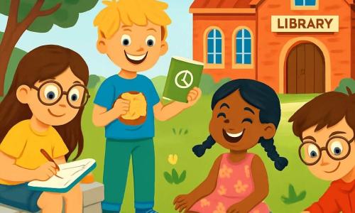 Es gibt vier Kinder: - Lina: ein 8-jähriges Mädchen mit langen braunen Haaren und runden Brillen. Sie trägt ein gelbes T-Shirt und eine Jeansshorts und sitzt auf einer kleinen Mauer mit einem Skizzenbuch in der Hand und zeichnet. - Jonas: ein 8-jähriger Junge mit zerzausten blonden Haaren und einem strahlenden Lächeln. Er trägt ein blaues T-Shirt und grüne Hosen und steht neben Lina, hält ein Sandwich in einer Hand und ein Buch in der anderen. - Mira: ein 8-jähriges Mädchen mit schwarzen Haaren und Zöpfen. Sie trägt ein rosa Blumenkleid und sitzt auf dem Gras, umgeben von Brettspielen, und lacht mit den anderen. - Emil: ein 8-jähriger Junge mit braunen Haaren und einer Brille. Er trägt einen roten Kapuzenpullover und graue Hosen und hockt sich vor einen kleinen Blumentopf, um mit einem konzentrierten Lächeln einen Samen zu pflanzen. Der Ort ist ein grüner Park mit majestätischen Bäumen, gepflegtem Rasen und bunten Blumen, die im Wind tanzen. Im Hintergrund steht eine rote Backbibliothek mit Bogenfenstern und einer geschnitzten Holztür. Die Hauptsituation zeigt die Kinder, die einen kleinen Friedensmarkt vorbereiten. Sie lachen und tauschen Ideen aus, umgeben von Spielen, Zeichnungen und Kuchen. Die Atmosphäre ist fröhlich und bunt und symbolisiert Freundschaft und gegenseitige Hilfe.