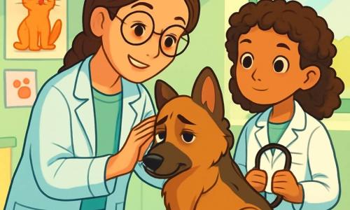 A veterinarian, Dr. Willow, is a woman in her thirties with braided brown hair and round glasses. She has a warm smile and sparkling, kind eyes. She is leaning over an examination table, gently petting a shepherd dog, Buster, who looks a bit sad with a bandaged paw. Next to her, Maya, a 12-year-old girl, wears a white coat and observes attentively. She has curly hair and a curious expression, holding a stethoscope in her hands. The setting is a bright veterinary clinic with pastel green walls, colorful animal posters, and scattered pet toys on the floor. A window lets in sunlight, illuminating the room. The main scene shows Dr. Willow examining Buster gently while Maya takes notes, creating an atmosphere of care and attention, filled with warmth and compassion.