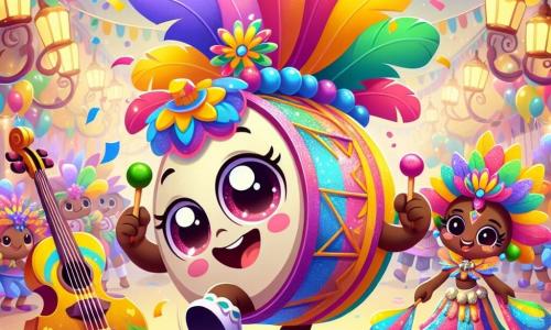 Ilustración que representa un pequeño tambor alegre, con una gran concha colorida en la cabeza, decorada con plumas brillantes de todos los colores. Tiene ojos chispeantes y una amplia sonrisa, golpeando alegremente su propio cuerpo al ritmo de la música del carnaval. A su lado, una guitarra femenina, vestida con un vestido de flores brillantes, baila con gracia, mostrando una sonrisa radiante y ojos brillantes de felicidad. Un poco más lejos, una flauta masculina, vestida con una capa estrellada, toca una melodía suave, con los ojos cerrados, perdido en la música y con una expresión de serenidad en su rostro. El lugar principal es una plaza central animada de la isla Colorida, rodeada de palmeras danzantes, flores multicolores y farolillos centelleantes. Confetis vuelan en el aire, y los habitantes de la isla, alegres y coloridos, se reúnen alrededor de los instrumentos para celebrar. La situación principal muestra al tambor tocando con entusiasmo, llevando a todos los demás instrumentos a una danza festiva, creando una atmósfera de alegría y camaradería. Elementos gráficos adicionales incluyen globos coloridos flotando en el cielo, niños riendo y bailando alrededor, y suaves olas del mar al fondo, añadiendo a la atmósfera festiva y alegre de este carnaval mágico.
