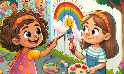 Una niña de 7 años, Clara, con cabello castaño y rizado, lleva un vestido colorido y una gran sonrisa. Está pintando un mural vibrante en la pared de la escuela, usando colores vivos como el rojo, azul y amarillo, mientras observa entusiasmada su obra. Junto a ella, su mejor amiga Sofía, también de 7 años, tiene el cabello liso y largo, atado en una coleta. Lleva una camiseta a rayas y parece concentrada, sosteniendo un pincel, lista para agregar detalles al mural. El escenario es un patio de escuela soleado, rodeado de árboles verdes y flores coloridas, con niños jugando a lo lejos. El mural que pintan está lleno de dibujos que representan la amistad y el respeto, con palabras positivas escritas en letras alegres. La situación principal muestra a Clara y Sofía colaborando alegremente para crear un mural que promueve la amabilidad y la inclusión, atrayendo la atención de otros niños que las miran con admiración.