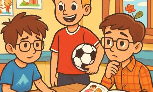 There are three characters: Eli, a 12-year-old boy with messy brown hair and round glasses, wearing a blue t-shirt with a mountain design and beige shorts, sitting on a chair with his hands on the table, looking focused. Sam, also 12, has blonde hair and sparkling eyes, wearing a red soccer jersey and black shorts, standing next to Eli with a soccer ball under his arm and a big smile. Marco, another 12-year-old, has brown hair and square glasses, wearing a plaid shirt and jeans, sitting across from Eli, flipping through a colorful illustrated book, looking thoughtful. The main setting is a cozy kitchen with light yellow walls and a large wooden table in the center, surrounded by colorful chairs and decorated with children's drawings. A window lets in sunlight, illuminating flower pots on the sill. The main situation shows Eli, Sam, and Marco seriously discussing at the table, with Eli sharing his feelings about his parents' arguments. Their expressions are attentive and empathetic, while Marco's open book illustrates family stories.
