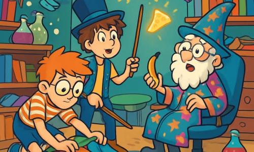 There are 3 characters: Finn Prickletop, an 11-year-old boy with messy hair and round glasses, wearing a striped t-shirt and shorts, crouched and determinedly rummaging through a pile of colorful clothes; Ollie Bumbershoot, an 11-year-old boy with tousled brown hair, wearing a top hat and patterned vest, standing next to Finn with a long wooden wand, ready to poke a glowing cheese-shaped creature; and Chumblepot, a small wizard with a scruffy beard and glasses, wearing a multicolored wizard robe, sitting on a swivel chair, surrounded by piles of clothes and books, surprised by the boys' arrival. The scene takes place in Chumblepot's chaotic and colorful lair, filled with floating books, bubbling potions, and disordered clothes that seem to come alive. Shelves overflow with magical curiosities, while a large cloud-shaped rug floats in the center of the room. The main situation shows Finn and Ollie searching for the Royal Scepter amidst the chaos, with wiggling clothes around them, while Chumblepot watches them with a mix of astonishment and amusement, holding a banana.