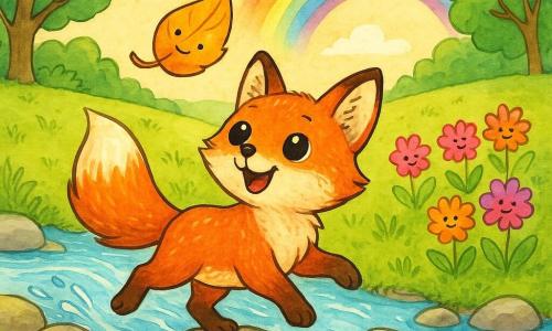 A joyful small red fox with round bright eyes and soft fur flecked with gold hops across flat stones in a clear, sparkling stream while looking at the sky; above it a smiling metallic golden leaf twirls and invites it to follow, nearby a singing brook with sky-blue ripples flows around the stones and rows of colorful flowers with happy faces and vivid pink, orange and purple petals wave their stems like applause in a sunlit clearing bordered by green trees and plush grass, smooth stones in the stream and a big bright rainbow on the horizon, creating a gentle, colorful, wondrous scene.