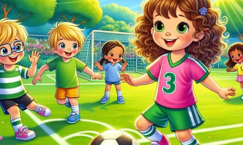 Mia, una ragazza dai capelli castani e ricci, indossa una maglietta da calcio rosa e un pantaloncino blu. Sorride felice mentre dribbla un pallone da calcio sul campo. Accanto a lei, Luca, un ragazzo di 8 anni con capelli biondi e occhiali, applaude entusiasta, indossando una maglietta verde e un pantaloncino nero. Più lontano, Anna, una ragazza di 7 anni con trecce e una maglietta gialla, si prepara a ricevere la palla, gli occhi brillanti di eccitazione. Il luogo è un ampio campo da calcio verde, circondato da alberi colorati e un cielo blu splendente. Fiori selvatici aggiungono tocchi di colore attorno al campo, e il sole splende gioiosamente. La scena principale mostra Mia che passa il pallone ad Anna, mentre Luca le incoraggia con un grande sorriso, creando un'atmosfera di compagnia e gioia.