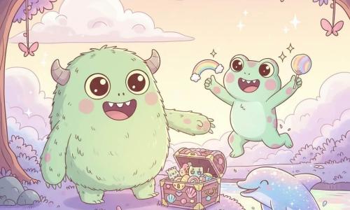 Ein fröhliches, rührendes Monster namens Grumpel, rund und flauschig hellgrün mit großen glänzenden Augen und zotteligen Armen, öffnet eine kleine Schatzkiste mit Muschelverzierung; die kleine, hüpfende Froschkatze Glaubi (weiblich) mit minzgrünem Fell und rosa Flecken klatscht und hält ein fliegendes Regenbogenbonbon; ein Glitzerdelphin mit irisierendem blau-rosa Körper spritzt flüssige Glitzerperlen am Wasserrand; Schauplatz: Tümpel des Glitzerwassers mit regenbogen-schimmerndem Wasser, moosbewachsenen violetten Ufern, Bäumen mit rosa Schmetterlingsblättern, Zuckerlianen und tiefhängenden Zuckerwattewolken; Szene des Teilens und Entdeckens: geöffnete Kiste ergießt glänzende Spielzeuge und schwebende Süßigkeiten, breite Lächeln und freundliche Gesten, helle, bunte Atmosphäre mit kleinen Funken; einfache Formen, weiche Konturen, gesättigte Pastellpalette, sanfte Texturen, warmes Licht und leichte Kontraste zur Betonung der Zärtlichkeit.
