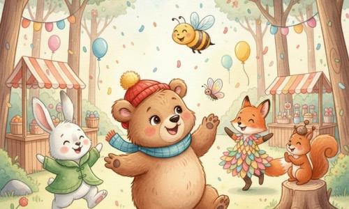 Un piccolo orso bruno di nome Baffo, pelliccia soffice, berretto rosso e sciarpa blu, sorride e balla al centro di una radura; un’ape striata, Betta, volteggia sopra di lui; il coniglio bianco Tito con un mantello di foglie salta mostrando il suo costume; la volpe rossa Frida, in un abito di petali, danza sullo sfondo; lo scoiattolo Nino con un cappellino a forma di noce applaude su una ceppaia; una piccola farfalla luminosa si posa sulla spalla di Baffo; la scena è una festa di carnevale nella radura con alberi pastello, ghirlande di lanterne, palloncini, bancarelle in legno e luce soffusa del tardo pomeriggio, atmosfera festosa, colori vivaci e texture acquerello.