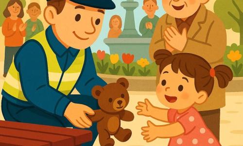 Un policía sonriente y tranquilo, con uniforme azul, chaleco reflectante, gorra y placa, agachado saca un pequeño oso de peluche marrón de debajo de un banco. Una niña de unos 4 años, Ana, con coletas y vestido rosa de lunares blancos, con ojos que se alegran, está de pie frente al policía con las manos extendidas para recibir el oso. Un vecino anciano de unos 70 años, cabello gris y gafas redondas, detrás de la niña, sonríe y aplaude con abrigo beige. Plaza soleada con adoquines claros, banco de madera, fuente de piedra y macizos de flores; escena amable y tierna, colores cálidos y formas simples y redondeadas para niños.