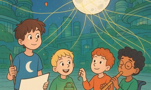 Ci sono 4 bambini: Matteo, un ragazzo di 12 anni con capelli castani spettinati, indossa una maglietta blu con un motivo di luna e tiene un pennello e un grande foglio di carta. Amir, 11 anni, ha capelli neri ricci e porta occhiali rotondi, suona un flauto di bambù. Nico, 10 anni, ha capelli biondi corti e indossa un maglione verde, tiene una lanterna luminosa fatta di materiali riciclati. Leo, 12 anni, ha capelli rossi e usa una sedia a rotelle futuristica, tiene una piccola chiave magnetica. Si trovano nella piazza centrale di CittàOnda, una città futuristica con pavimenti luminosi e giardini sospesi, circondata da grattacieli verdi e passerelle trasparenti. Lanterne colorate galleggiano nel cielo notturno, illuminando la scena. I bambini collaborano per liberare la luna intrappolata da fili dorati che brillano come ragnatele di luce. Usano i loro talenti per creare una melodia magica che fa vibrare i fili. La luna inizia a liberarsi, illuminando la scena con una luce argentata.