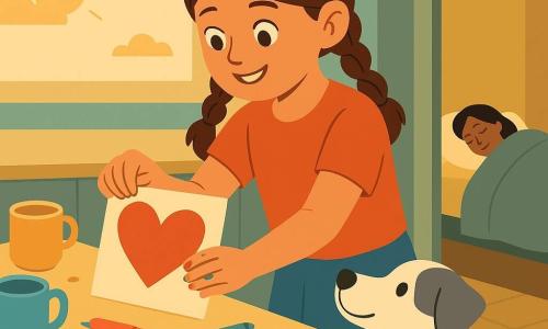 Niña de 10 años, feliz y concentrada, pelo castaño en dos trenzas, con manchas de pintura en los dedos y ojos brillantes, de puntillas pegando un gran corazón de papel rojo en una tarjeta; un perro blanco y gris llamado Nube, de tamaño mediano, sentado a su lado con la cabeza ladeada y la cola moviéndose, mirando la tarjeta desde el suelo; la madre (mujer, ~35 años) duerme en una habitación contigua visible por una puerta entreabierta, silueta relajada bajo una manta y luz suave del pasillo; cocina matutina luminosa con encimera de madera clara, tazas de colores, caja de lápices abierta, migas en la mesa y una ventana baja que deja entrar un sol dorado; escena principal: momento tierno y secreto mientras la niña prepara una tarjeta para el Día de la Madre, gestos cuidadosos y ambiente íntimo y cálido.
