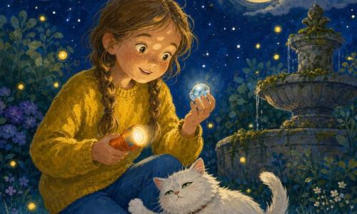 Niña de 10 años de ojos brillantes y sonrisa curiosa, rostro iluminado por la luna, cabello castaño claro en dos trenzas, lleva un suéter mostaza y vaqueros, sostiene una pequeña linterna naranja en la mano izquierda mientras contempla una piedra brillante que acaba de recoger, arrodillada en la hierba con postura confiada y maravillada; a sus pies, un gato blanco y rollizo llamado Tango ronronea frotando la pata en su pierna, ojos verdes entrecerrados y pelaje suave ligeramente despeinado. El jardín nocturno, íntimo y tranquilo, tiene hierba húmeda de reflejos azulados, arbustos bajos, una vieja fuente de piedra musgosa al fondo, luciérnagas amarillas flotando y un gran cielo estrellado con luna llena sonriente y algunas nubes grisazul en movimiento; la linterna proyecta un círculo cálido de luz sobre la piedra, atmósfera mágica y serena, colores gouache saturados: azules profundos, amarillos cálidos, verdes suaves y toques de blanco luminoso.