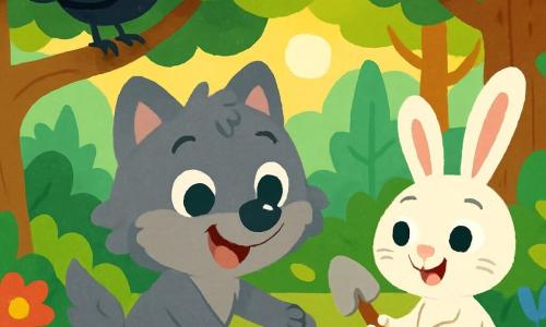 Um pequeno lobo chamado Lupi, com olhos brilhantes e pelagem cinza suave, está alegremente no meio de uma floresta verdejante, sorrindo. Ele planta sementes no solo, cercado por flores coloridas e folhas verdes. Perto dele, um coelhinho travesso chamado Coelho, com grandes orelhas e pelagem branca, observa Lupi com entusiasmo, segurando uma pequena pá de madeira, pronto para ajudar. Um pouco mais longe, uma corvo sábia com penas pretas brilhantes pousa em um galho, observando a cena com um olhar benevolente, pronta para compartilhar sua sabedoria sobre a proteção da floresta. O local é uma floresta luxuriante, cheia de árvores majestosas, flores vibrantes e um suave raio de sol filtrando pelas folhas. A cena principal mostra Lupi e Coelho trabalhando juntos com entusiasmo para plantar sementes, simbolizando seu compromisso em cuidar da natureza e fazer crescer sua bela floresta.