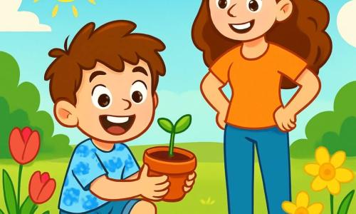 Un ragazzo di 6 anni, Mattia, con i capelli castani in disordine e un grande sorriso gioioso, è accovacciato in un giardino soleggiato, tenendo un piccolo vaso di terra con un germoglio verde che spunta dal terreno. Indossa una maglietta a fiori blu e pantaloni corti di jeans, i suoi occhi brillano di eccitazione. Accanto a lui, sua madre, una donna di circa 30 anni con capelli lunghi e ondulati, sorride orgogliosa osservandolo, con le mani sui fianchi, in piedi vicino a un'aiuola di fiori colorati. Il giardino è pieno di fiori vivaci: tulipani rossi, margherite bianche e narcisi gialli, sotto un cielo azzurro chiaro punteggiato di nuvole bianche e soffici. In questa scena, Mattia scopre con meraviglia il suo piccolo seme che cresce, circondato dalla bellezza della natura primaverile, mentre sua madre lo incoraggia con tenerezza.