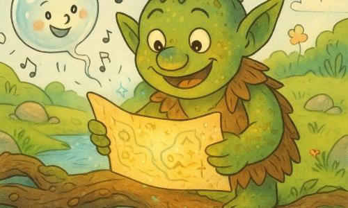 Gorvim, um troll alegre e maravilhado, no centro: pele verde-musgo salpicada de dourado, orelhas pontiagudas, colete de folhas secas, olhos redondos brilhantes e sorriso largo; segura um pergaminho cintilante e cantador sobre o mapa aberto. À esquerda, uma bolha do riacho personificada e travessa, translúcida e irisada com rosto sorridente e notas musicais. No primeiro plano, uma velha ponte de raízes: madeira nodosa, cipós, pregos redondos e musgo nas bordas; o riacho reflete pequenas estrelas e bolhas. Fundo: vale luminoso com pedras polidas, ervas altas, nuvens baixas e algumas flores flutuantes. Cena: Gorvim descobre um mapa vivo que ilumina seu rosto, faíscas azuis saem do seu nariz quando ri — atmosfera acolhedora, cores pastéis saturadas, texturas desenhadas à mão, traços suaves e contornos levemente a lápis. Estilo: ilustração infantil colorida, paleta verde-musgo, mel e azul-céu, acabamento 2D com sombras suaves e pequenos doodles (notas, estrelas, folhas).