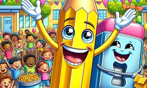 An illustration depicts a cheerful yellow pencil with a smiling face and sparkling eyes, standing on a wooden table with arms open, expressing great joy and determination, surrounded by bright colors. Next to it, a friendly pink eraser with bright eyes jumps for joy while holding a colorful poster announcing a food drive, located to the left of the pencil. A blue sharpener, with a wide smile and rosy cheeks, is distributing snack bags to classmates, positioned to the right of the pencil, showing pride in its actions. The main setting is a sunny schoolyard decorated with colorful balloons and banners, with tables filled with food and treats. Children of various colors and shapes gather around, laughing and chatting happily. The main scene shows the yellow pencil and its friends organizing a food drive to help those in need, creating a festive and warm atmosphere filled with solidarity and sharing. Additional graphic elements include colorful posters with messages of kindness, radiant smiles on the characters' faces, and food boxes decorated with children's drawings, symbolizing unity and mutual aid.