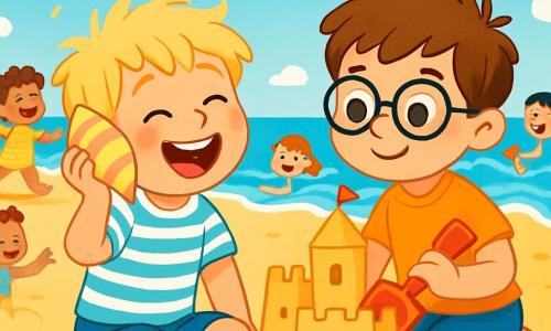 Ein 6-jähriger Junge namens Lukas mit zerzausten blonden Haaren und strahlenden Augen sitzt auf dem goldenen Sandstrand und lacht laut. Er trägt eine blaue Badehose und ein gestreiftes T-Shirt und hält eine große, bunte Muschel an sein Ohr, um das Rauschen der Wellen zu hören. Neben ihm baut sein neuer Freund Max, ebenfalls 6 Jahre alt, mit einer roten Schaufel eine beeindruckende Sandburg. Sie sind von vielen anderen Kindern umgeben, die im Sand spielen und fröhlich lachen. Im Hintergrund strahlt der Himmel in leuchtendem Blau mit ein paar weißen Wolken, und die Wellen des Meeres glitzern in der Sonne. Die Szene vermittelt eine Atmosphäre von Glück und Freundschaft, erfüllt von lebhaften Farben und sommerlicher Freude.