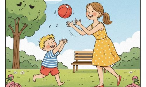 A joyful, amazed 2-year-old boy with blond wisps, wearing a blue-and-white striped T-shirt and red shorts, runs barefoot on grass throwing a red ball toward his smiling, patient mother (about 30) with brown hair in a ponytail wearing a yellow polka-dot sundress who stands a few steps away and catches it laughing; colorful flowers (pink peonies and white daisies) border the green lawn, a light wooden bench sits in the background, a bright blue sky with a golden sun and a few fluffy clouds, small black birds sing in a tree to the left—a warm, simple summer play scene with rounded strokes, soft colors, and clear expressions capturing the motion of the boy tossing the ball to his mother.